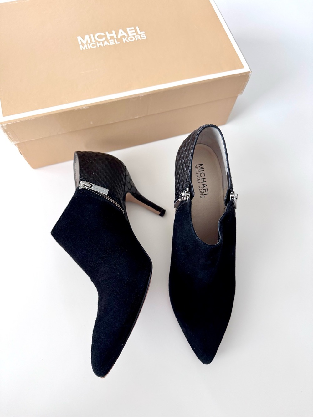 Michael Kors Black Suede & Embossed Leather Stiletto Ankle Booties, size 9M